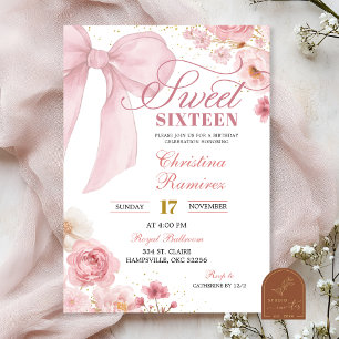 Invitación Coqueta de lazo rosa floral Dulces Dieciséis