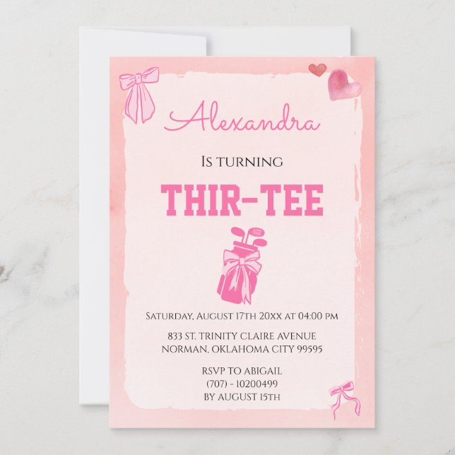 Invitación Coqueta de lazo rosa Golf Cumpleaños 30 (Anverso)