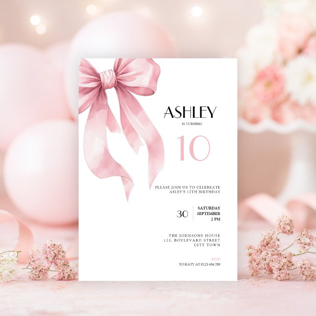 Invitación Coqueta de Lazo Rosa para Niñas Cumpleaños 10 (Pink Bow 10th Birthday Invitation for Girls)