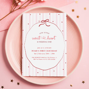 Invitación Coqueta de Lazo Rosa Pequeño Corazón 1er Cumpleaño