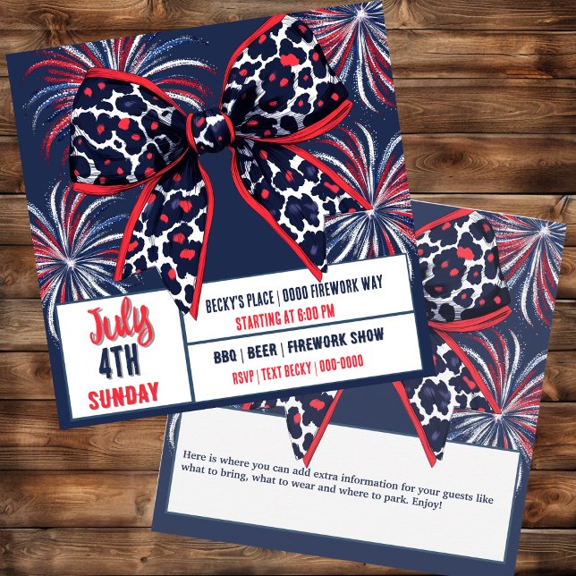 Invitación Coqueta de leopardo rojo blanco y azul (July 4th Independence Day Patriotic party invitation you can customize on both sides
)