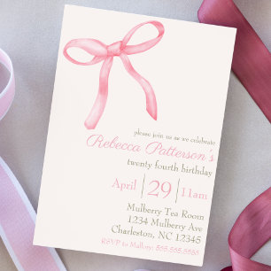 Invitación Coqueta Femenina Acuarela Rosa Cute Bow
