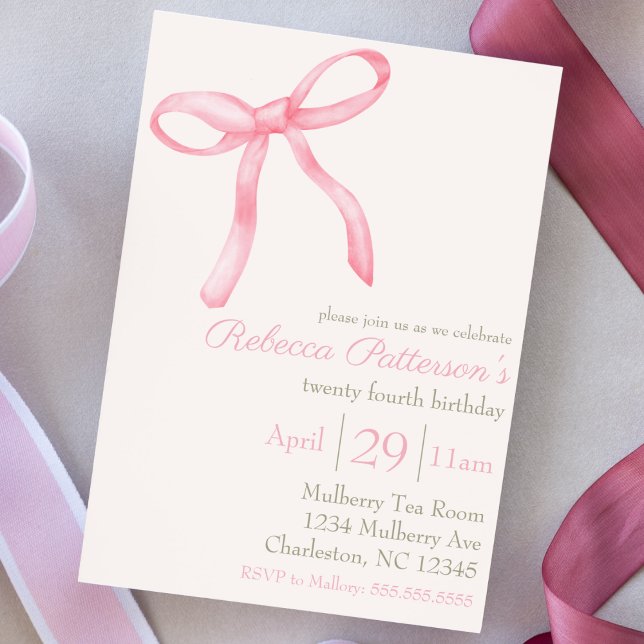 Invitación Coqueta Femenina Acuarela Rosa Cute Bow (feminine coquette pink bow party invitation for birthday pink and green girly sweet bday shabby chic)