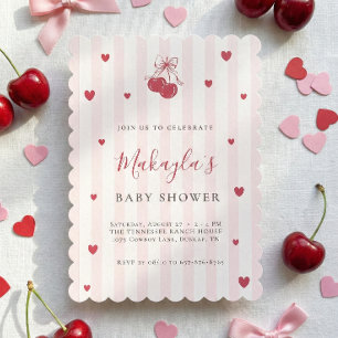 Invitación Coqueta Fiesta de Bebé Cereza Rosa Rayada Vintage