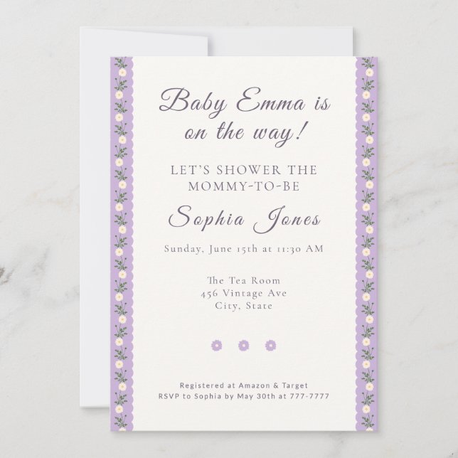 Invitación Coqueta Floral de Velo Lavanda (Anverso)