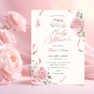 Invitación Coqueta Floral Lazo Rosa Vintage baby shower