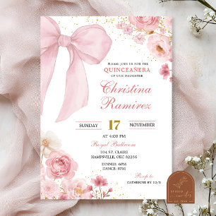 Invitación Coqueta floral Quinceañera con lazo rosa