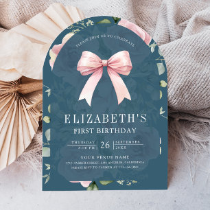 Invitación Coqueta Floral Rosa Lazo Azul Polvoriento Primer C