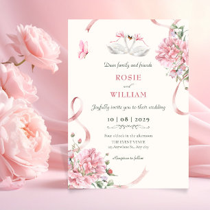Invitación Coqueta Floral Rosa Lazo Boda Vintage