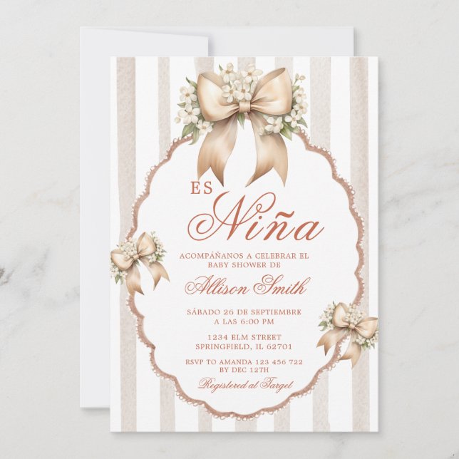Invitación Coqueta floral Stripe Es Nina Baby Shower Español (Anverso)