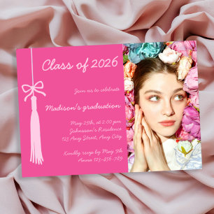 Invitación Coqueta Lazo Rubor Rosa Caliente Foto Graduación 2
