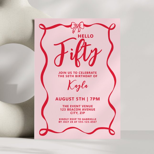 Invitación Coqueta Moderna Cinta Roja Cumpleaños Cincuenta Hi (Subido por el creador)