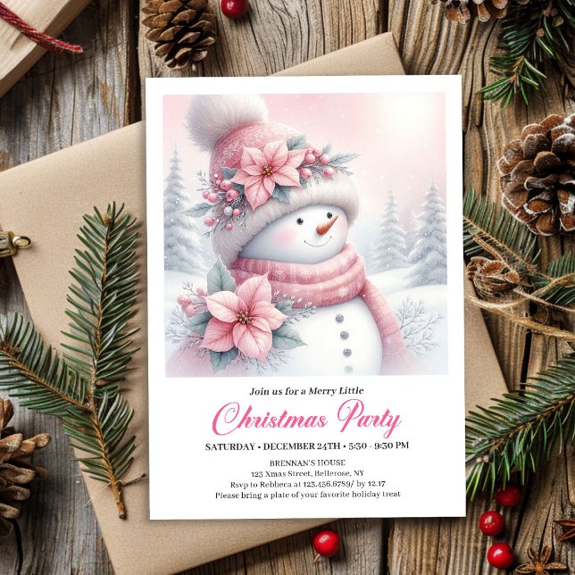 Invitación Coqueta Muñeco de Nieve Rosa Acogedor Editable Nav (Cozy Pink Coquette Snowman Editable Christmas Kids Invite)