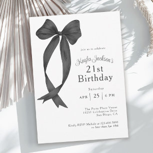 Invitación Coqueta Negra con Lazo Elegante Fiesta de Cumpleañ