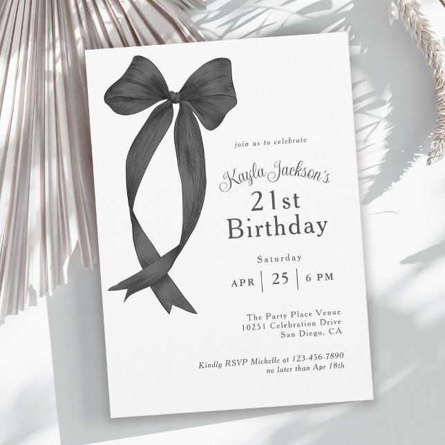Invitación Coqueta Negra con Lazo Elegante Fiesta de Cumpleañ (Invitation may be ordered in both printed and instant download digital formats.)