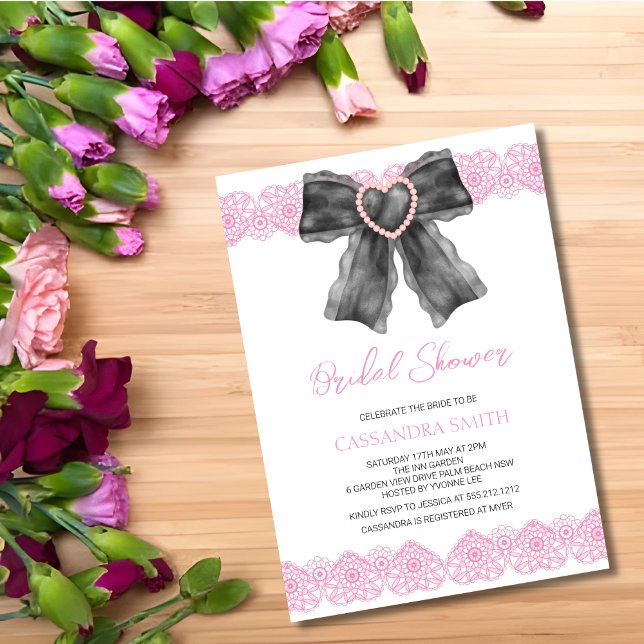 Invitación Coqueta negra dobla ducha de novia con encaje rosa (Subido por el creador)