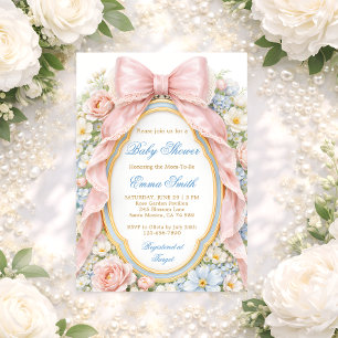 Invitación Coqueta Niña Rosa Lazo Floral Baby Shower