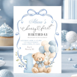 Invitación Coqueta Osa de Cumpleaños con Lazo Azul Primer Cum