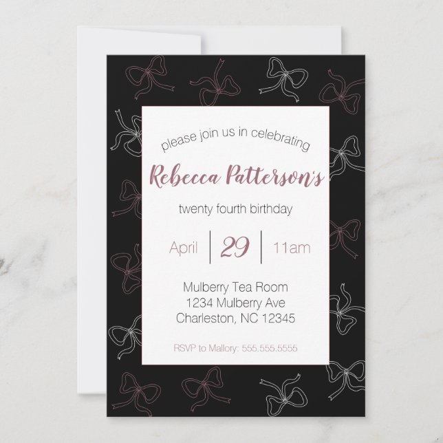 Invitación Coqueta oscura Estética Fiesta Femenina Bow Negro (Anverso)