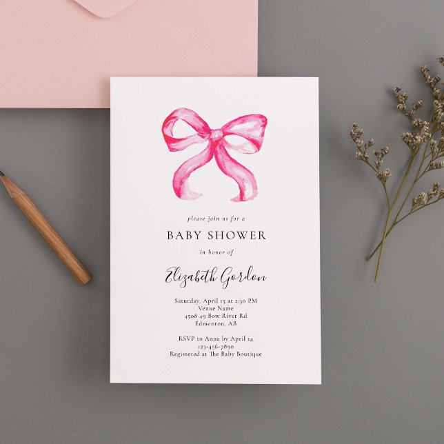 Invitación Coqueta rosa Bow Baby Shower Elegant Minimal (Subido por el creador)