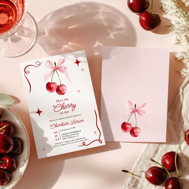 Invitación Coqueta rosa Bow Cherry en Baby Shower superior Ch (Pink Coquette Bow Cherry On top Girl Baby Shower Invitation)
