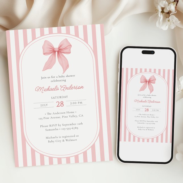 Invitación Coqueta rosa Bow Chica a rayas Baby Shower (Subido por el creador)