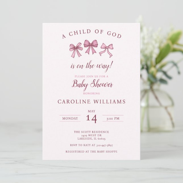 Invitación Coqueta rosa cristiana bebé niña de Dios (Anverso de pie)