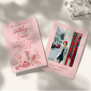 Invitación Coqueta rosa de mano dibujada foto cumpleaños cena