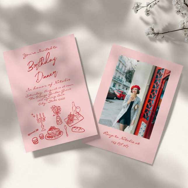 Invitación Coqueta rosa de mano dibujada foto cumpleaños cena (Subido por el creador)