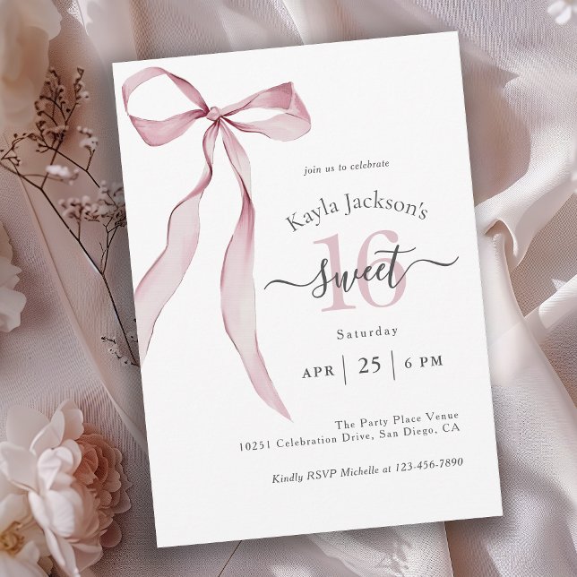 Invitación Coqueta rosa elegante Bow Sweet 16 cumpleaños (Available in both printed and instant download digital formats.)