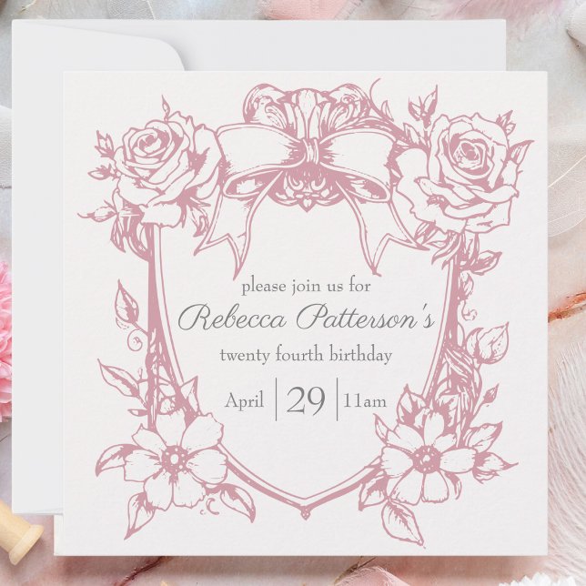 Invitación Coqueta Rosa Lindo Marco de lazo femenino Fiesta (feminine pink coquette birthday  party invitation pink bow floral frame victorian tea party cute)