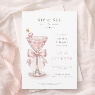 Invitación Coqueta Rosa Rubor Niña Bebé Sip and See