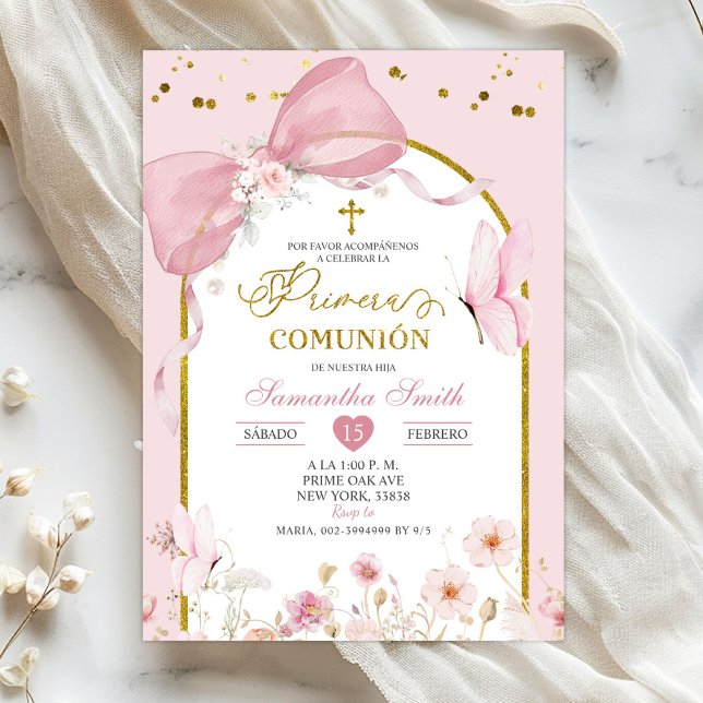 Invitación Coqueta Rubor Rosa Mariposa Primera Comunión (Subido por el creador)