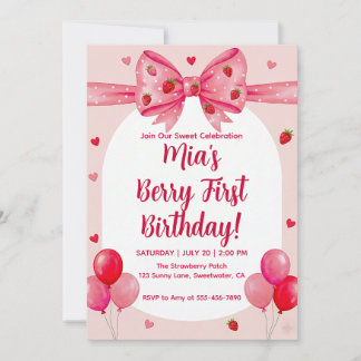 Invitación Coqueta Vibrante de Fresa con Lazo Cumpleaños de B
