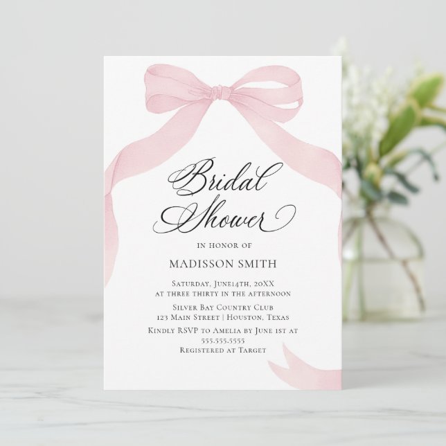 Invitación Coquete pink bow Bridal Shower invitation (Anverso de pie)