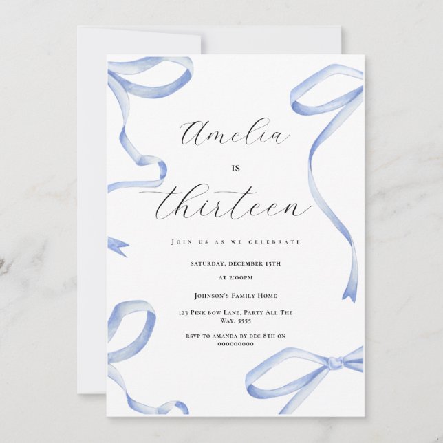 Invitación Coquette 13.º Chica Fiesta Blue Bow Elegant Ribbon (Anverso)