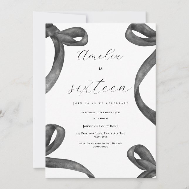 Invitación Coquette 16º Chica de cumpleaños Black Bow 18º 21º (Anverso)
