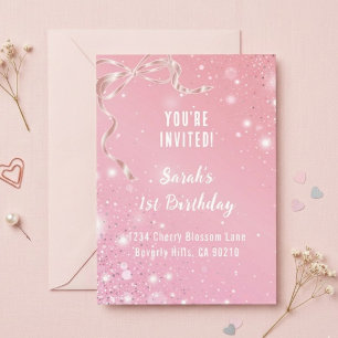 Invitación Coquette 1st Birthday Invitations Pink Bow 