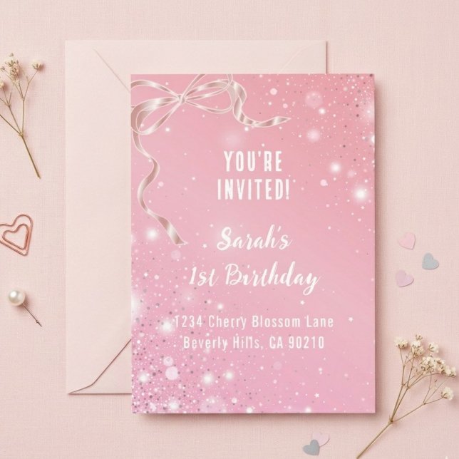 Invitación Coquette 1st Birthday Invitations Pink Bow  (Subido por el creador)