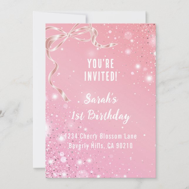Invitación Coquette 1st Birthday Invitations Pink Bow  (Anverso)