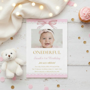 Invitación Coquette 1st Birthday Invitations Pink Bow Girl 