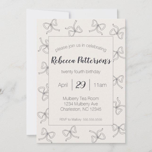 Invitación Coquette Aesthetic Black Bow Cute Feminine Fiesta (Anverso)