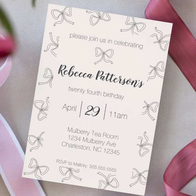 Invitación Coquette Aesthetic Black Bow Cute Feminine Fiesta (coquette aesthetic black bows pattern cute feminine party invite girly shabby chic tea party Bach )