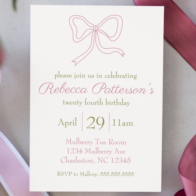 Invitación Coquette Aesthetic Pink Bow Feminine Bday Fiesta (coquette aesthetic birthday party invitation pink bow cute script feminine girly shabby chic vintage)