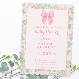 Invitación Coquette Aesthetic Pink Bow Sage Green Baby Girl