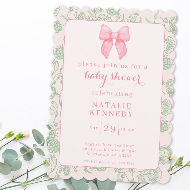 Invitación Coquette Aesthetic Pink Bow Sage Green Baby Girl (Subido por el creador)