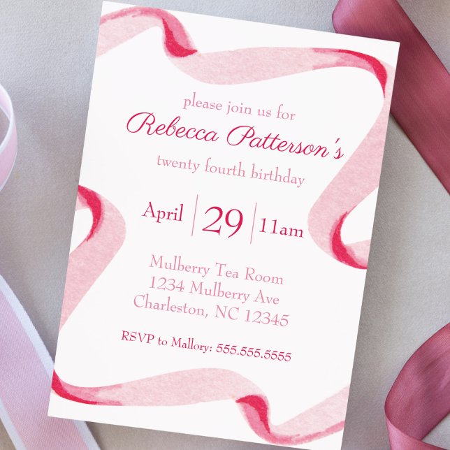 Invitación Coquette Aesthetic Pink Ribbon Feminine Bday Fiest (coquette aesthetic birthday party invitation pink ribbon feminine girly cute party invite watercolor)
