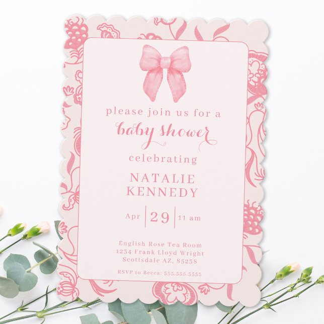 Invitación Coquette Aesthetic Preppy Pink Bow Cupe Bebé Girl (Subido por el creador)