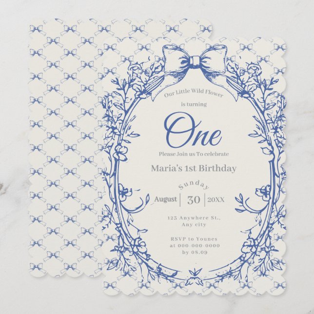 Invitación Coquette azul vintage floral (Anverso / Reverso)