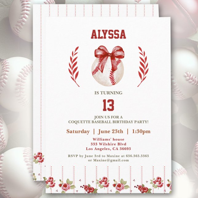 Invitación Coquette Baseball Red Bow Chica moderno Cumpleaños (Coquette Baseball Red Bow Floral Modern Birthday Invitation)
